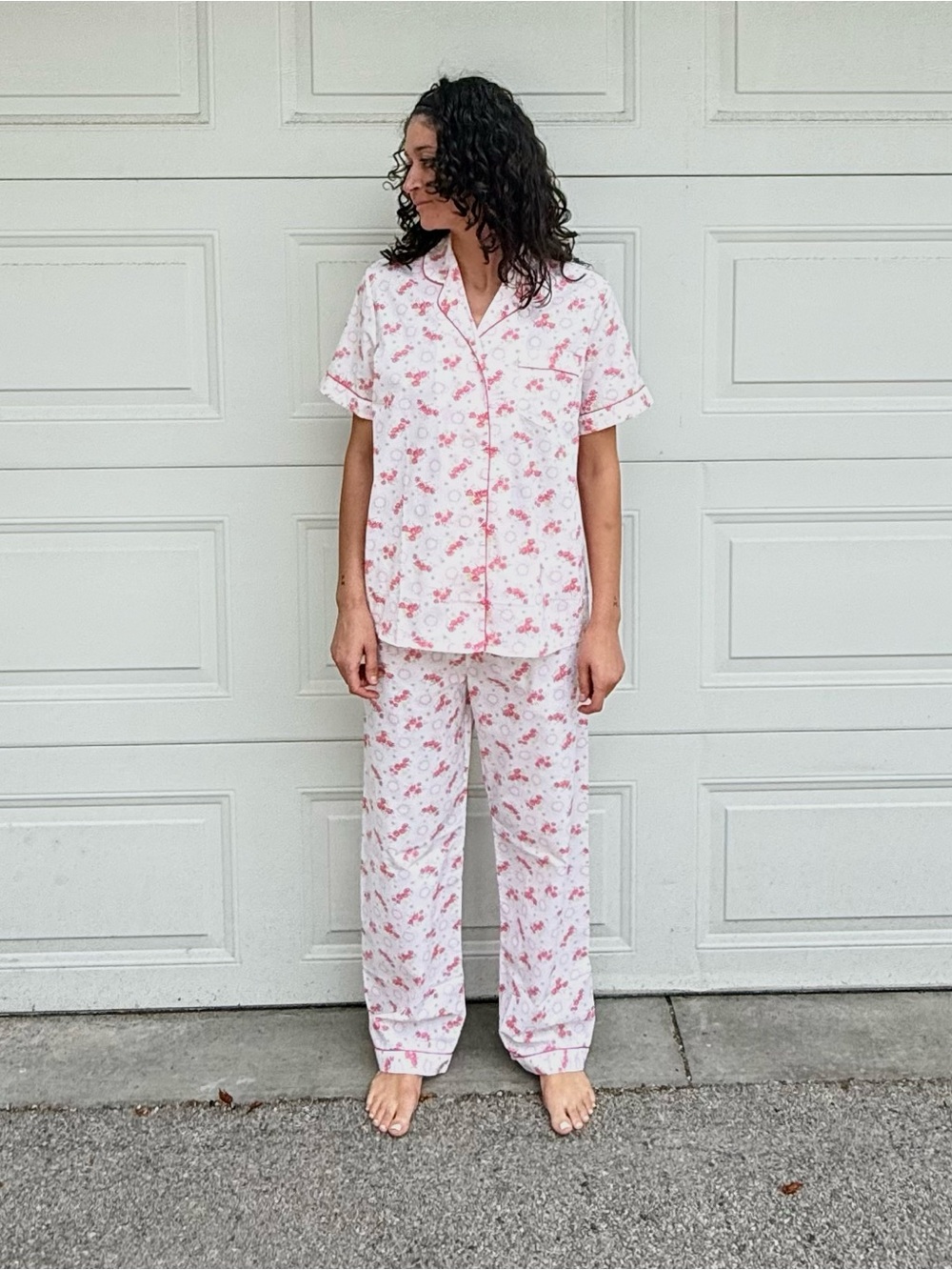 Deadstock Cotton Pajama Set White & Pink Floral Short-Sleeve NWOT M/L Summer PJs